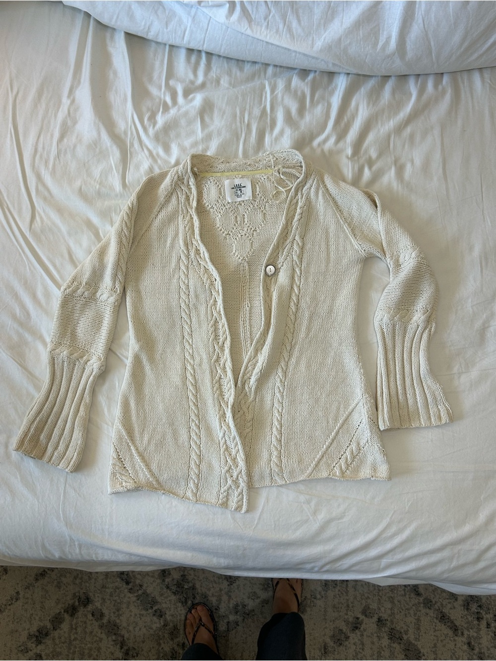 Cream Cable-Trim Open Front Cardigan Sweater